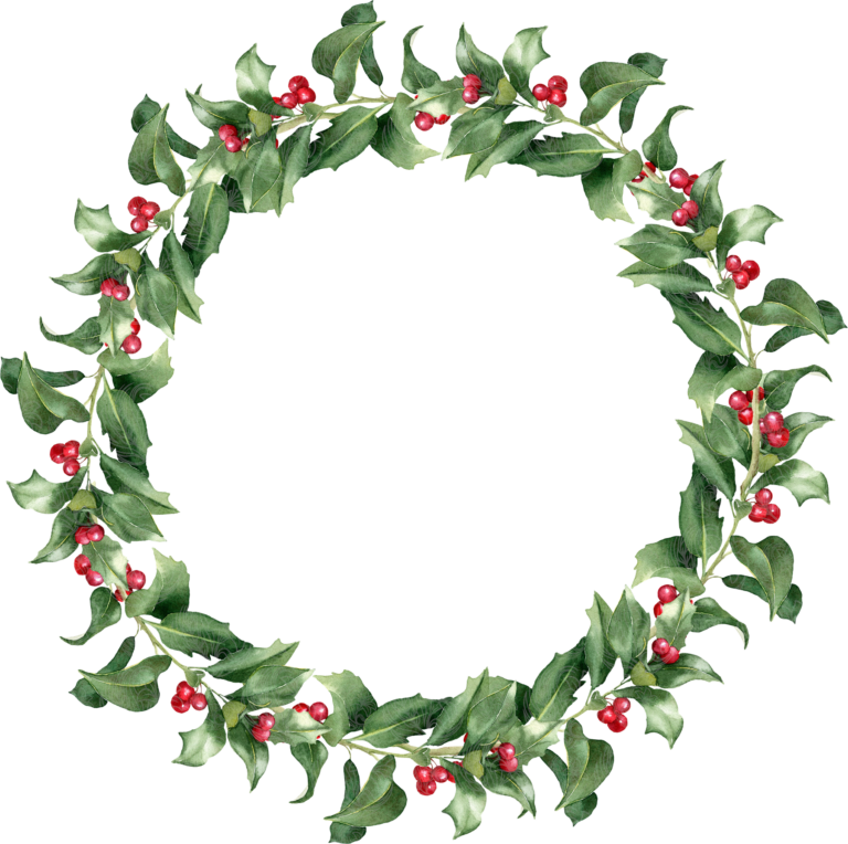Christmas wreath with holly leaves and red berries in watercolour style, Grey Barn Handwerk, Saskatchewan.